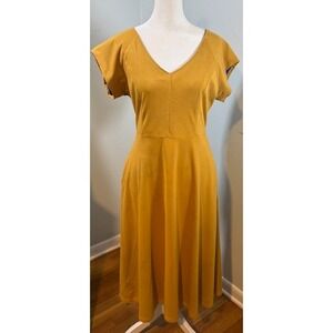 Fit Flare Midi Dress Size M Mustard Yellow Cobalt Blue Lined V Neck Cap Sleeve